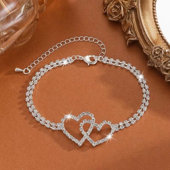 Double Heart Shaped Sparkling Anklet Modern New - Picture 5 of 5